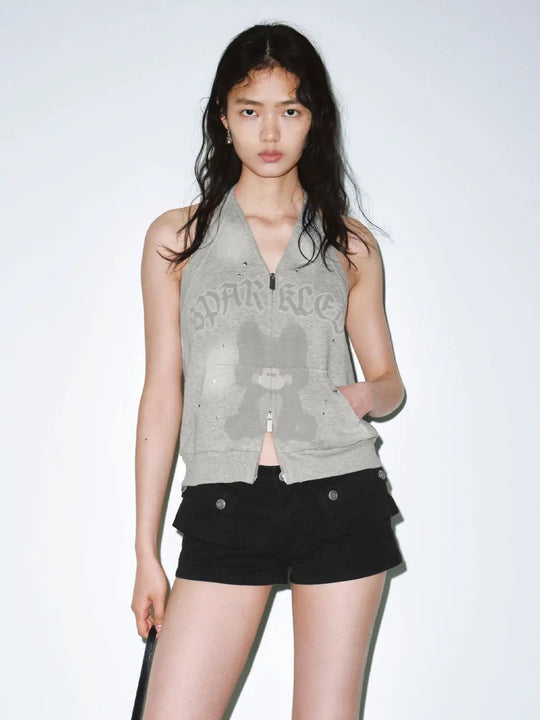 Halter Neck Zip-Up Printed Graphic Cotton Vests