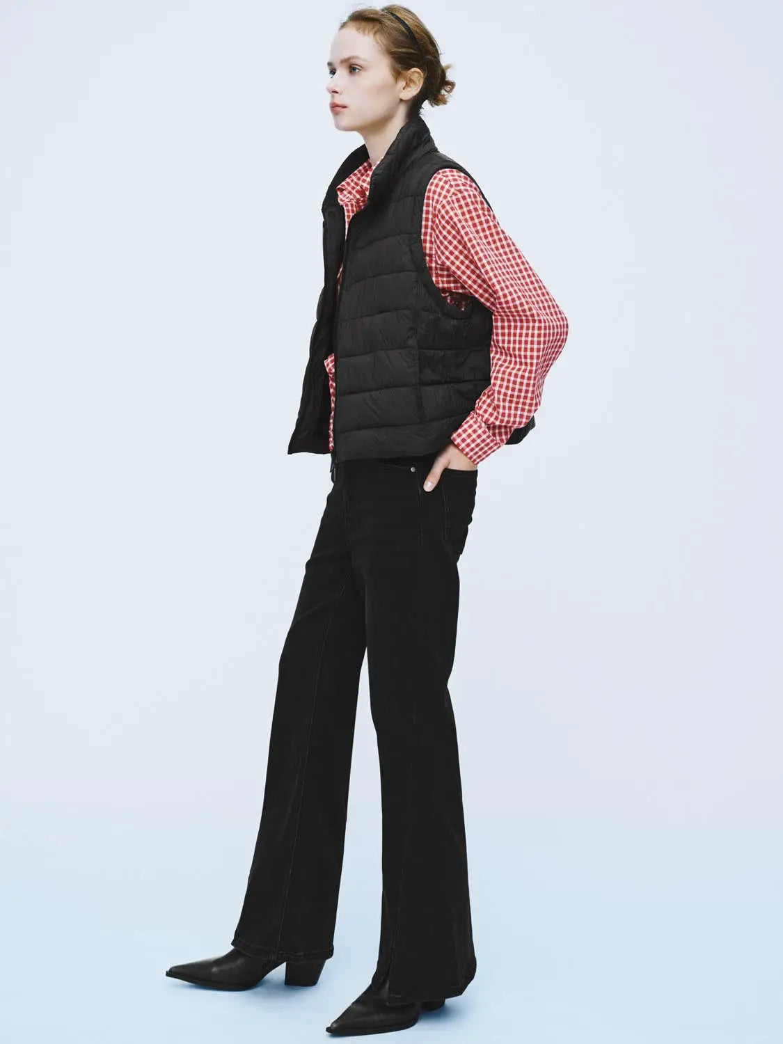 Padded jacket, black; Urban Revivo Fashion UR worn over a red plaid shirt.
