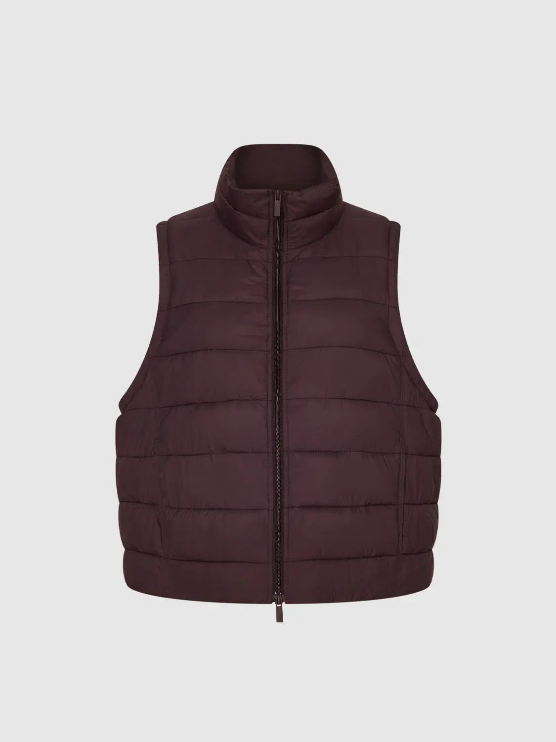 Padded jacket in burgundy with horizontal quilted panels and front zipper