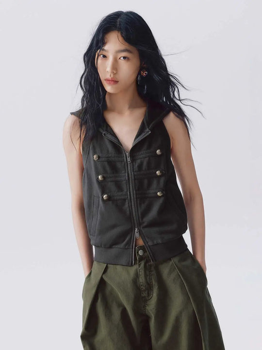 100% Cotton Hooded Zip Front With Gold-Tone Button Rows And Ribbed Hem Side Pockets Vest