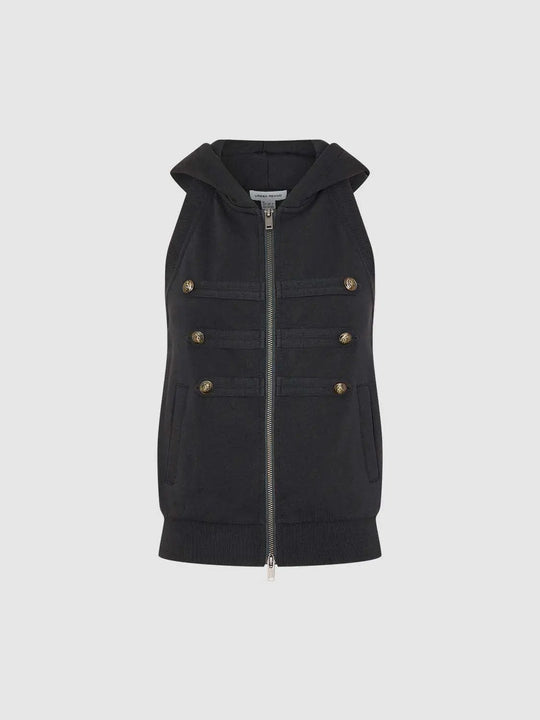 100% Cotton Hooded Zip Front With Gold-Tone Button Rows And Ribbed Hem Side Pockets Vest