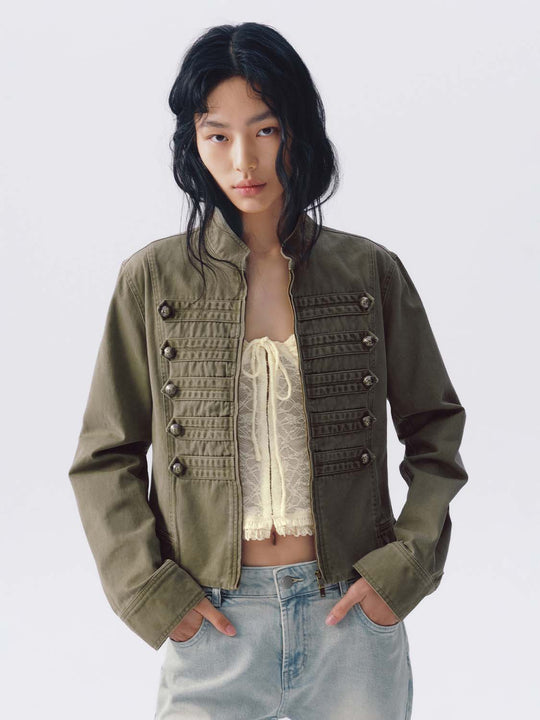 Stand Collar Braided Trim Double Breasted Cropped Jacket