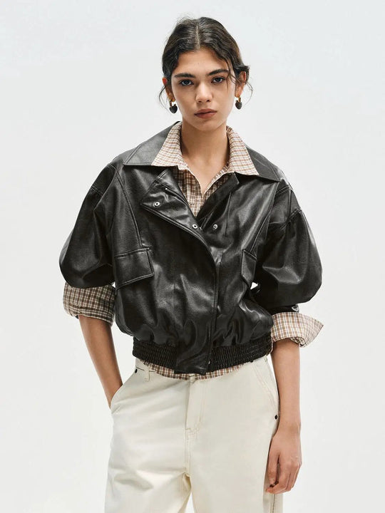 Checked Shirt Collar Short Sleeve Elasticated Hem Jacket