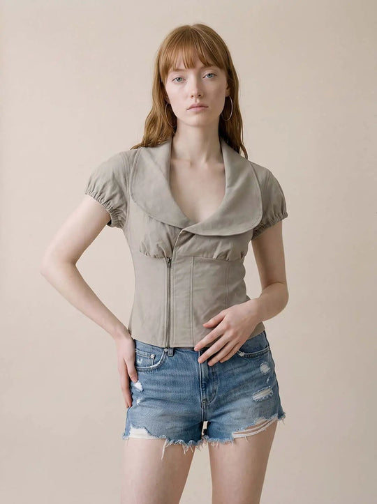 Zip Front Fitted Collared Short Sleeve Cotton Jacket