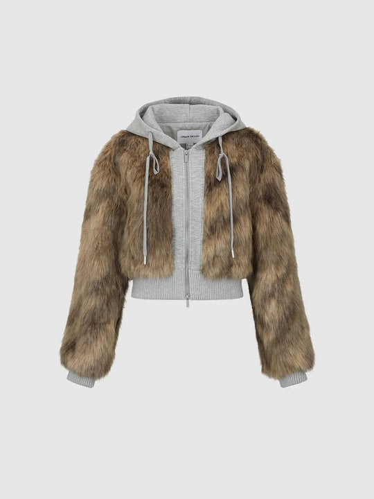 Chaqueta corta de manga larga, con capucha de pelo sintético y cremallera delantera