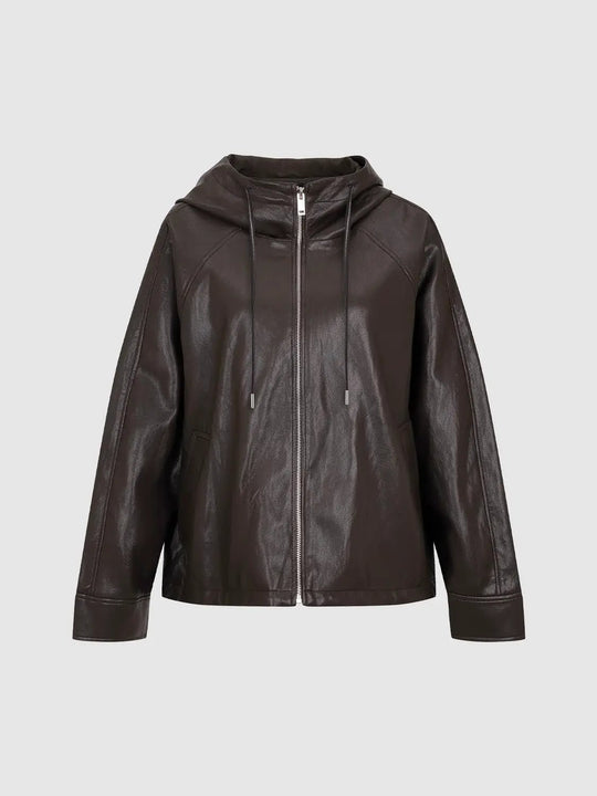 Hooded Long Sleeve Faux Leather Jacket