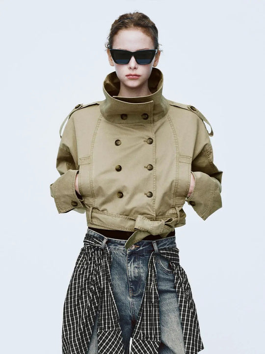 Double Breasted Belted Cropped Long Sleeve Cotton Jacket