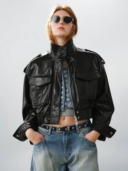 Epaulet Ribbed Hem Long Sleeve Jacket