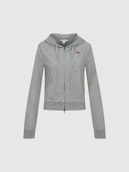 Kapuzenpullover aus Baumwollmischung mit Textstickerei, Reißverschluss und langen Ärmeln