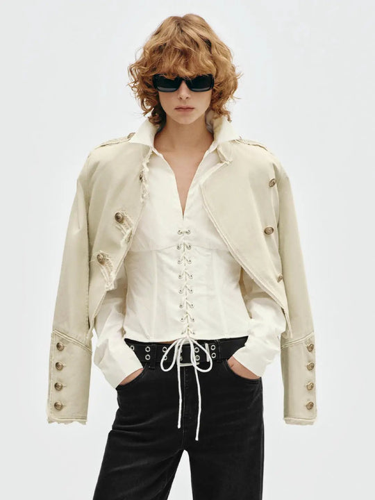 Button Raw Hem Shirt Collar Long Sleeve Cotton Jacket