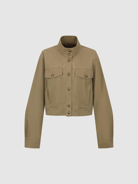 Button Front Flap Pocket Long Sleeve Cotton Jacket