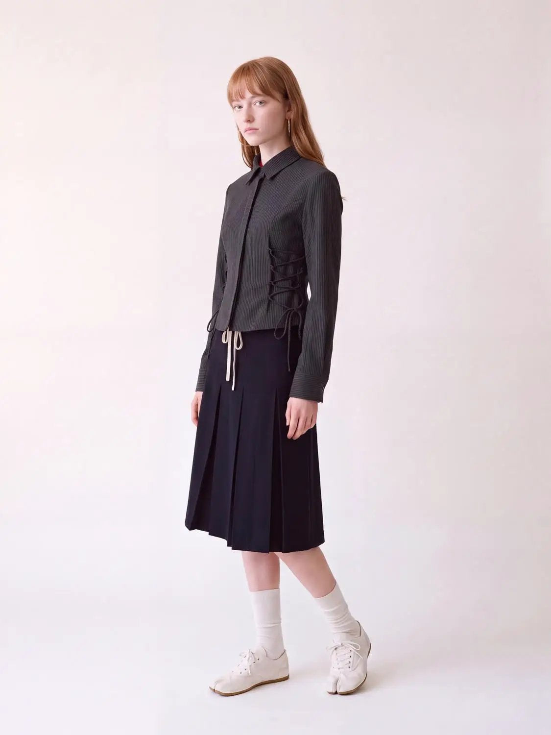Collared cropped lace-up waist shirt in dark pinstripe stretch fabric by Urban Revivo Fashion