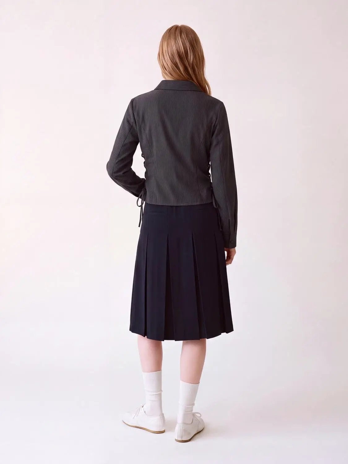 Collared Cropped Lace Up Waist Thin Stretch Fabric Shirt in dark pinstripe with long sleeves