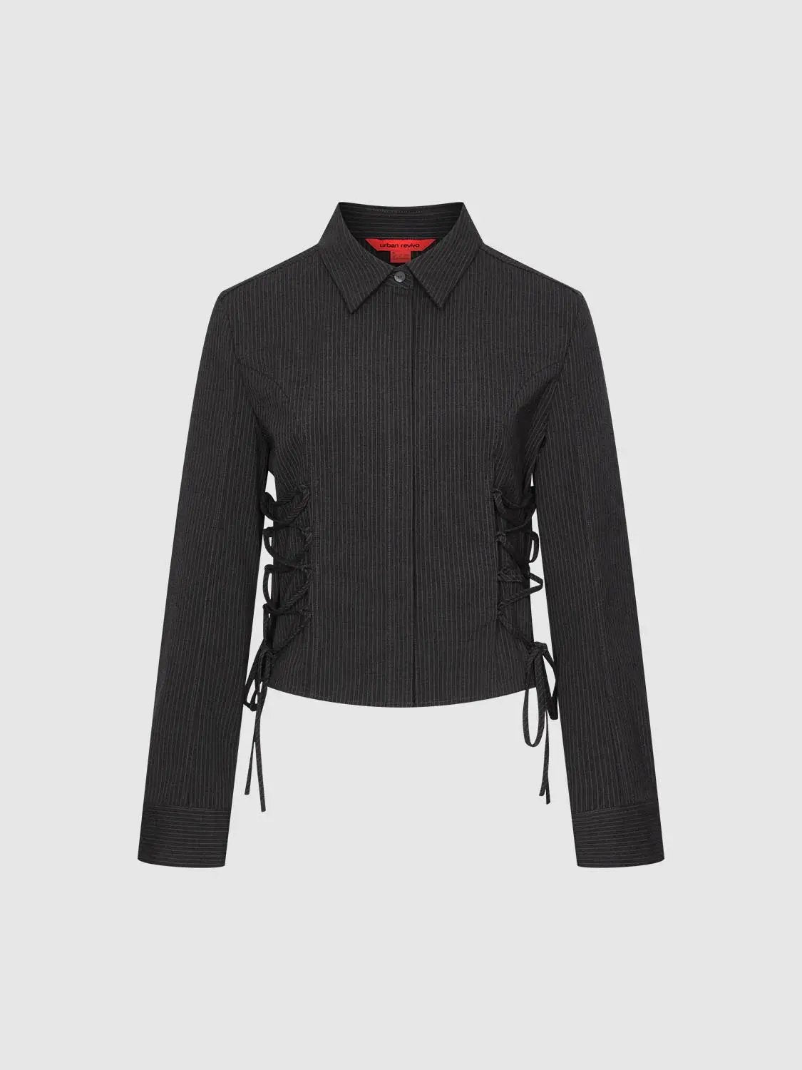Collared cropped lace-up waist shirt with side lacing in black pinstripe stretch fabric by Urban Revivo Fashion.