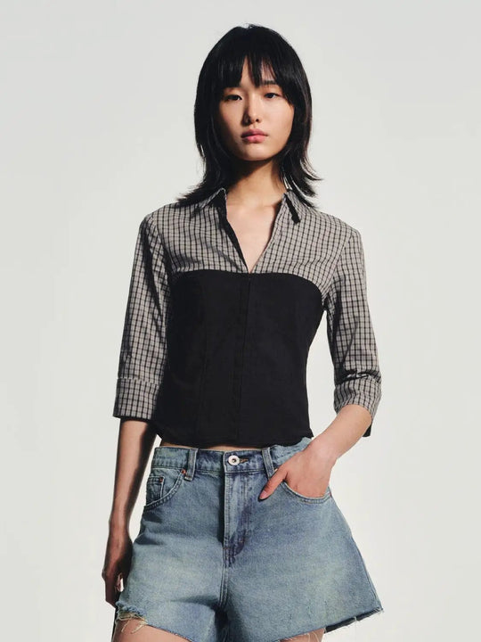 Cotton Grid Check Three-Quarter Sleeve Shirt