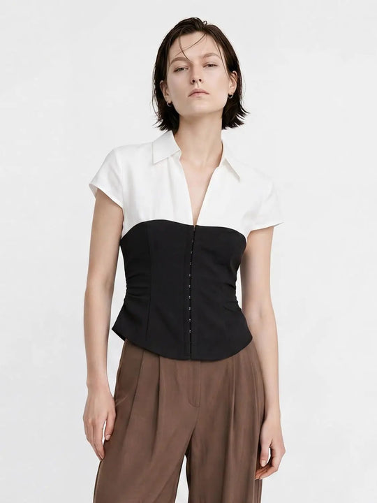 Cotton Blend Color-Blocked V-Neck With Contrast Seams Shirts