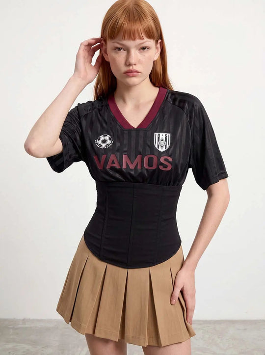V-Neck Trim With Structured Waist Panel And Front Seam Detailing Corset Silhouette Shirts