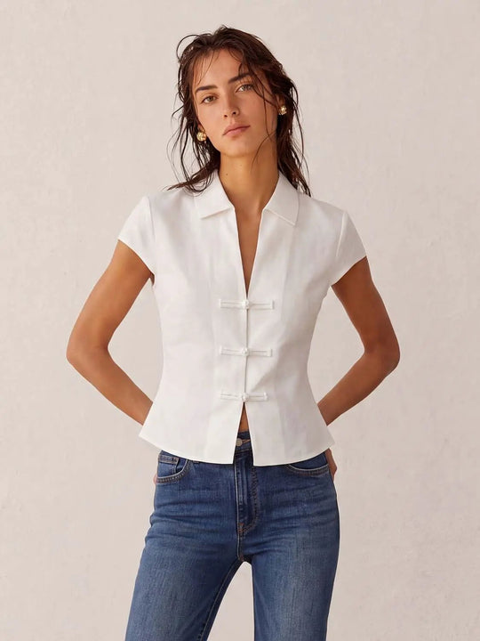 Frog Button Fitted Short Sleeve Linen Blend Shirt