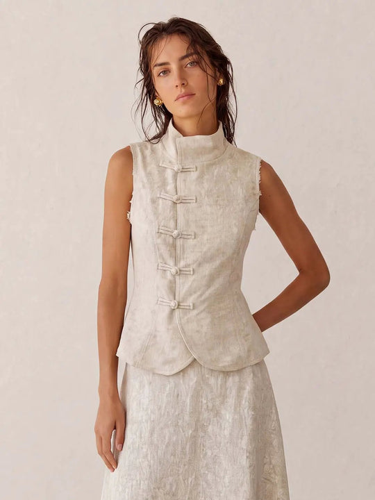 Stand Collar Button Front Cotton Linen Blend Vest