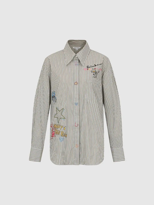 Chemise à manches longues en mélange de coton rayée et brodée