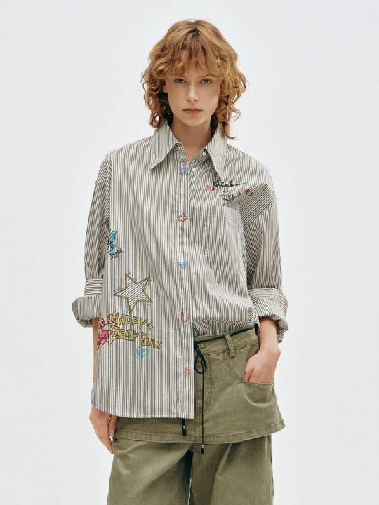 Embroidered Striped Long Sleeve Cotton Blend Shirt