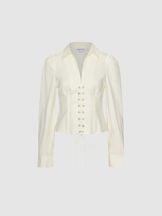 Lace up Fitted Shirt Collar Long Sleeve Cotton Blouse