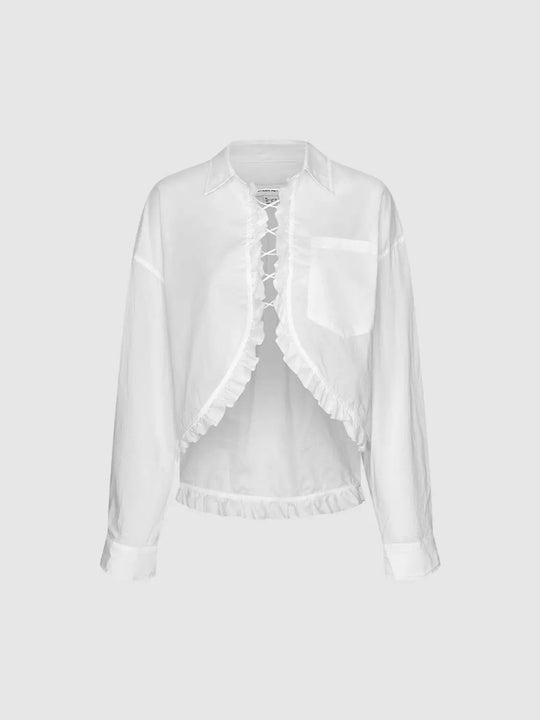 Langarm-Baumwollbluse mit Rüschen, Schnürung und offener Vorderseite