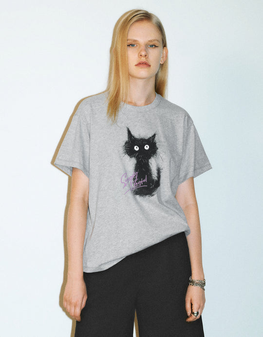 Gerade geschnittenes T-Shirt mit Rundhalsausschnitt und Katzen-Print