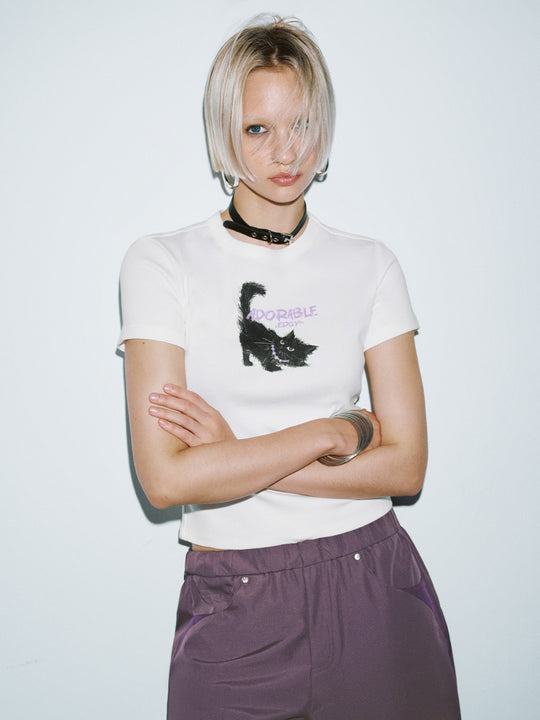 T-shirt attillata con scollo a giro stampato