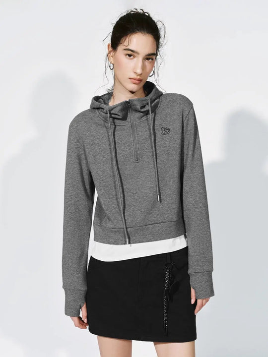 Cotton Blend Drawstring Hooded Half Zip Sweatshirt