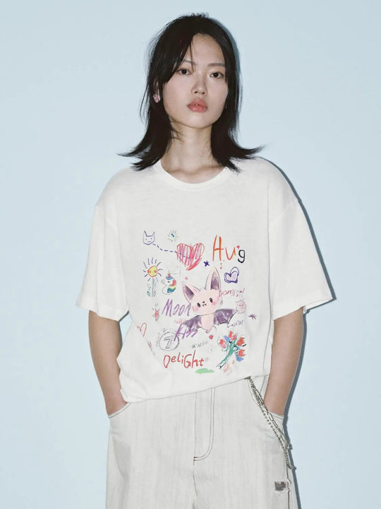 Printed Cat Graphic Cotton Blend T Shirt