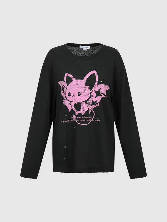 Graphic Pink Bat Print Cotton Blend T-Shirt