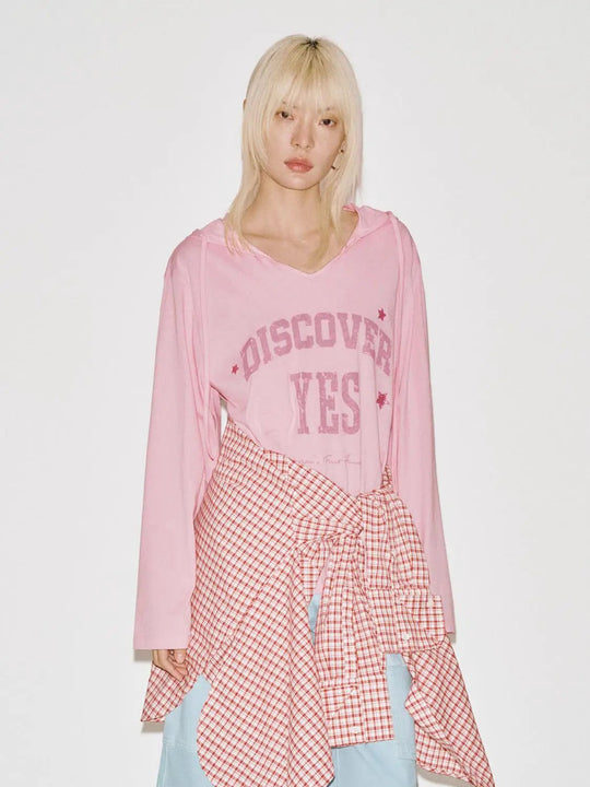 Cotton Blend Hooded Drawstring Long Sleeve T Shirts