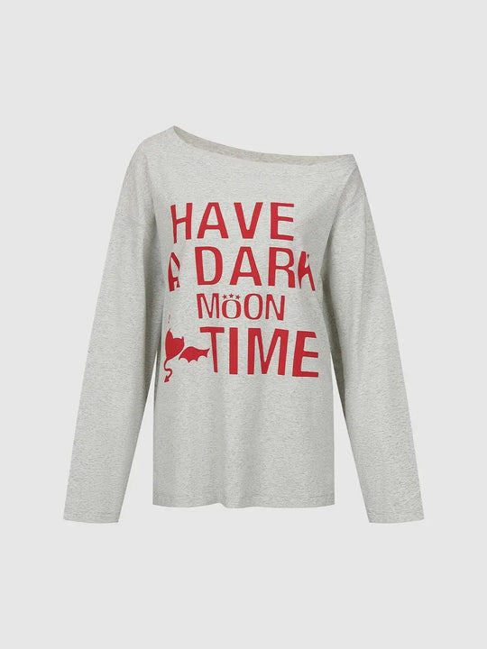 Cotton Blend One Shoulder Graphic Print Long Sleeve T Shirt