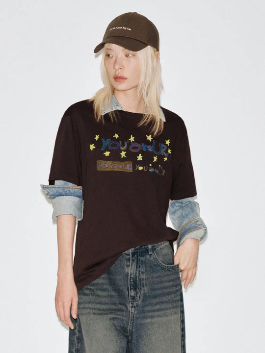 Minimalist Starry Graphic Cotton Blend Crew Neck T Shirt