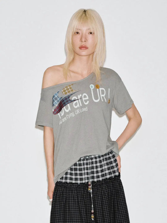 Minimalist Crew Neck Contrast Printed Cotton Blend T Shirt