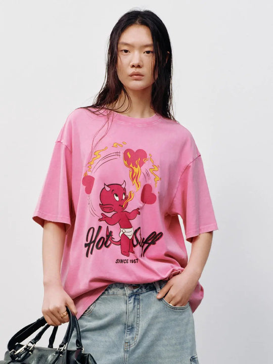 Cotton Graphic Flaming Devil Pink Short Sleeve T Shirt