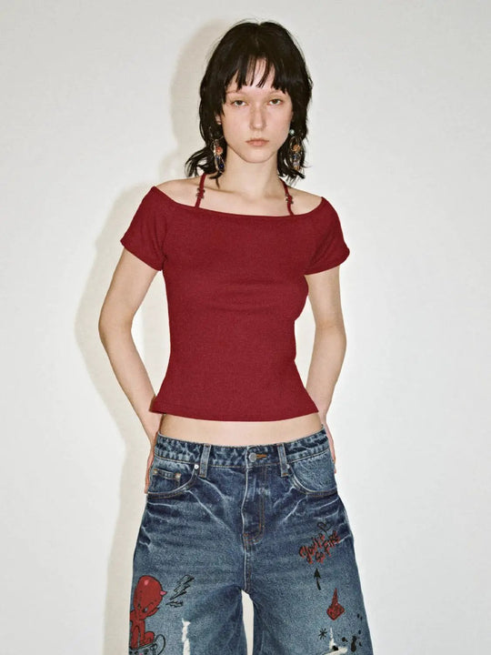 Cotton Strappy Boat Neck Skinny T Shirts