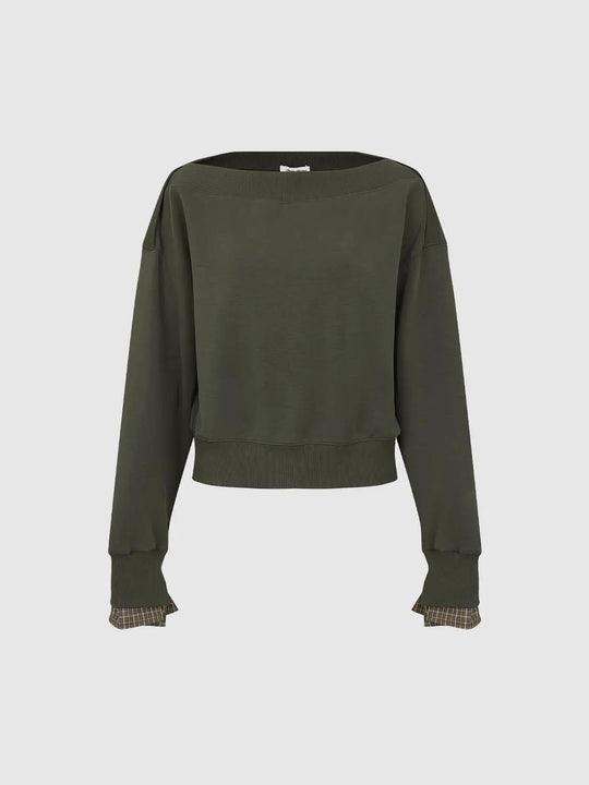 Olive Boat Neck Modal Blend Rib Detailing Sweatshirt
