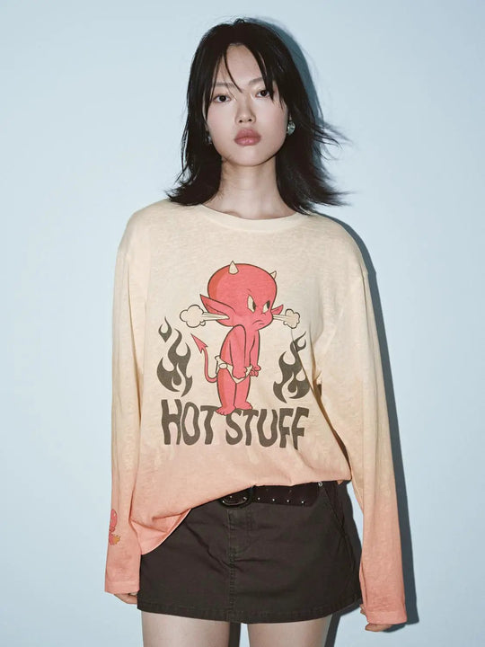 Cotton Blend Gradient Print Long Sleeve Graphic T Shirt