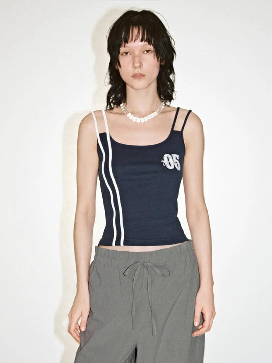 Cotton Blend Navy With Strappy Contrast Trim Tank Tops