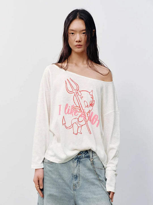 Cotton Blend One Shoulder Long Sleeve T Shirt