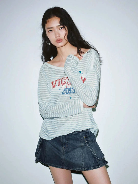 Printed Striped Long Sleeve T Shirt