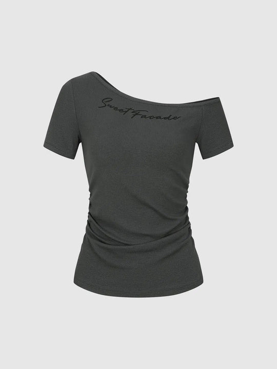 Sweet Panda One Shoulder Ruched Printed T Shirt