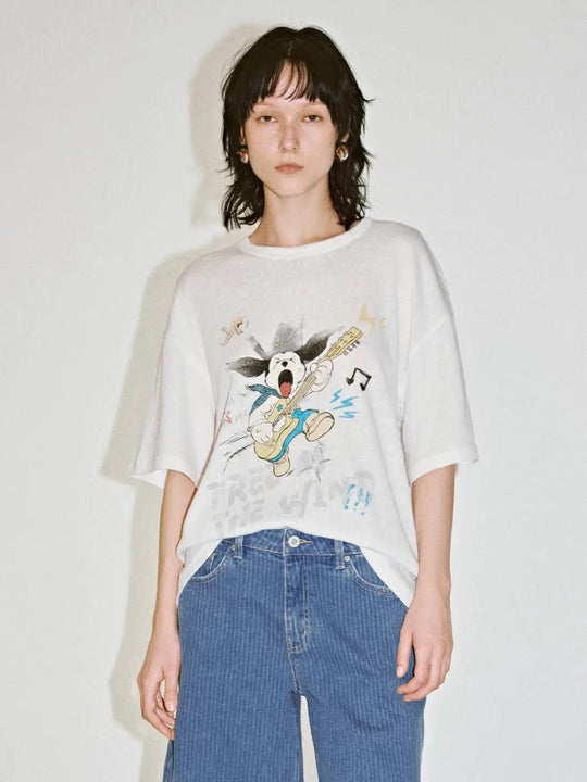 Cotton Graphic Guitar Print Loose-Fit T-Shirt