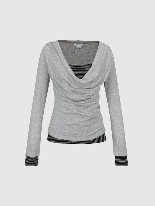 Lyocell Wool Blend Striped Cowl Neck Top