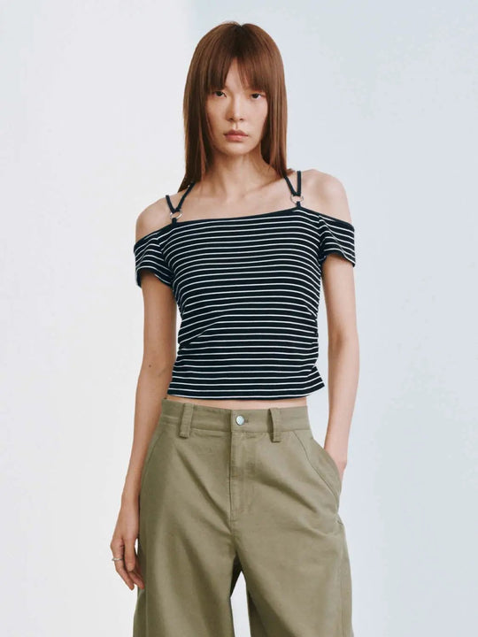 Cotton Blend Striped Strappy Boat Neck T Shirts