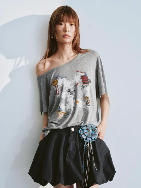 Printed One Shoulder Loose-Fit T-Shirts