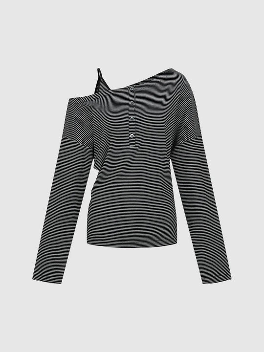 Striped One Shoulder Long Sleeve Cotton T-shirt