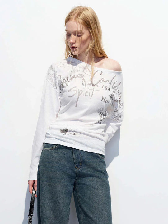 Cotton Graffiti Text Slight Stretch Long Sleeve T-Shirt